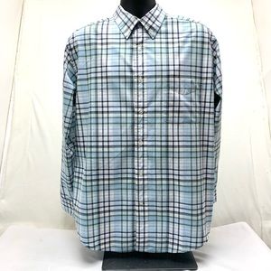 St Johns Bay Mens Button Down Shirt Blue Green Plaid Long Sleeve Collar Size L